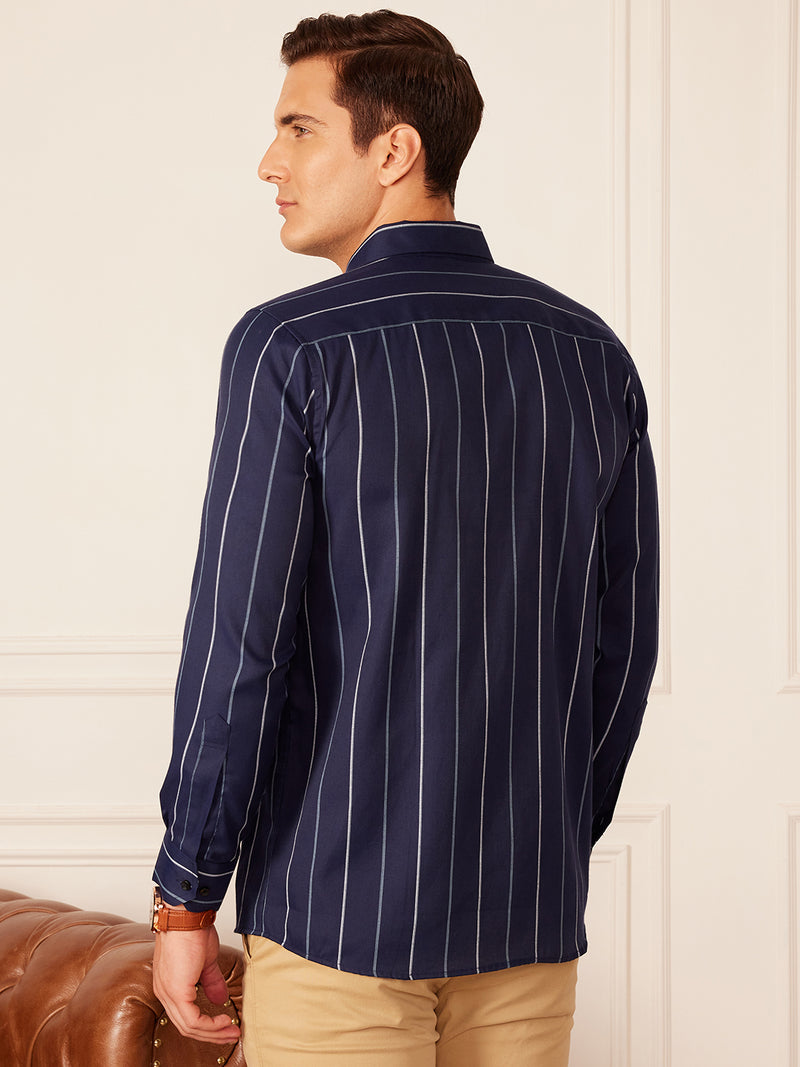 Navy Blue & White: Full Sleeve Button-Down Collar Striped Shirt