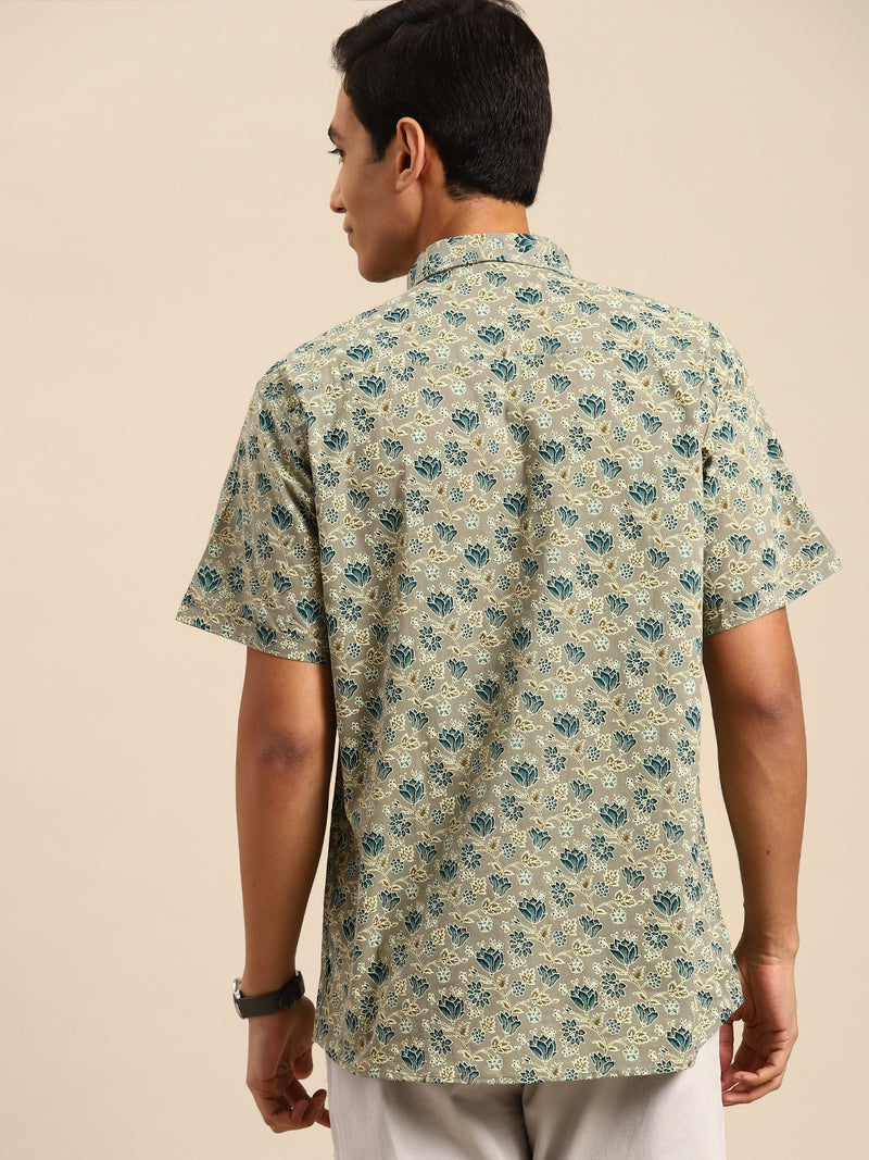 DENNISON Men Olive Green Block Printed Shirt