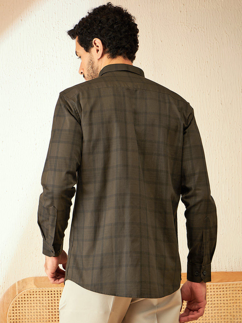 Brown: Full Sleeves Spread Collar Checked Shirt