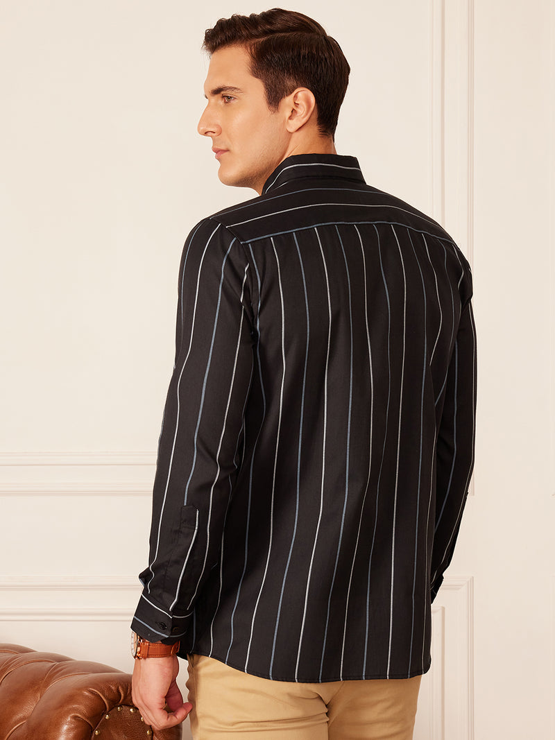Black: Full Sleeve Button-Down Collar Striped Shirt