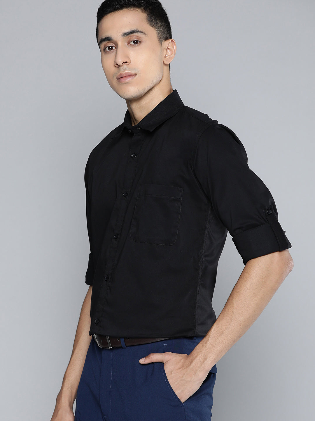 DENNISON Men Black Solid Smart Slim Fit Stretchable Lycra Formal Shirt