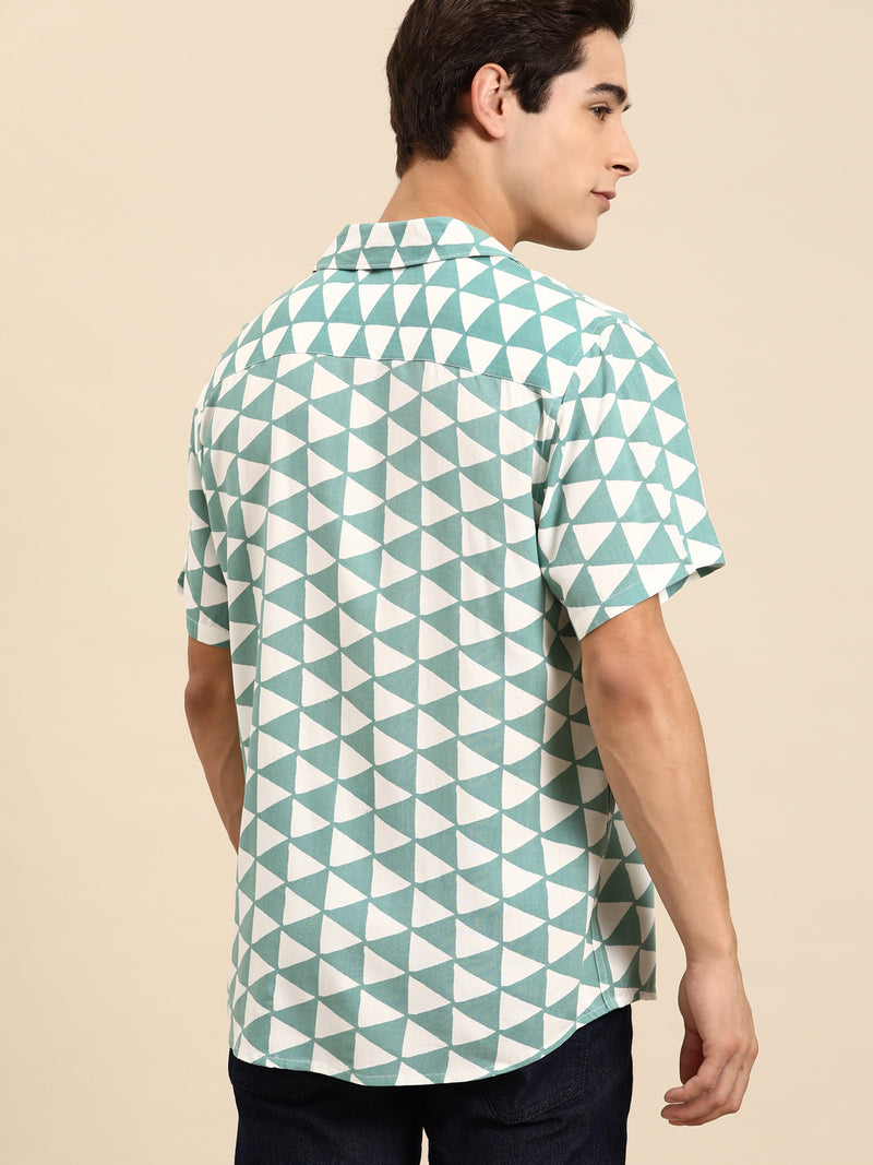 White & Green: Half Sleevew Block Printed Shirt