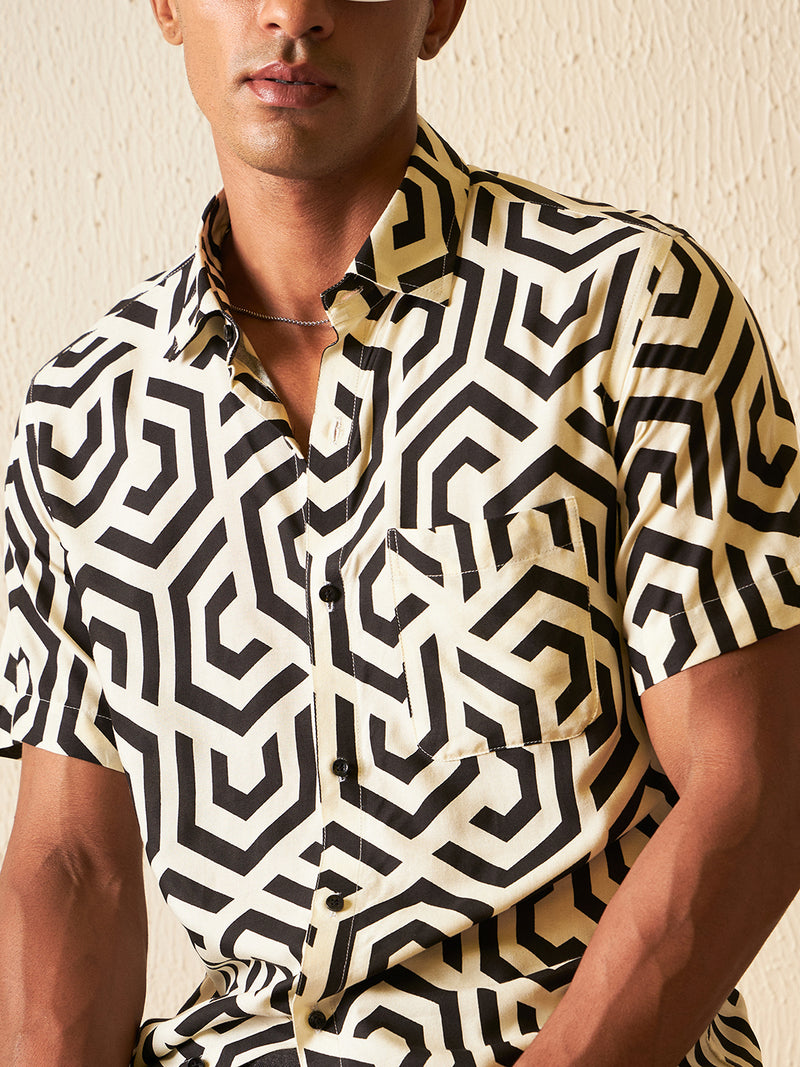 DENNISON Men Cream-coloured Block Printed Shirt