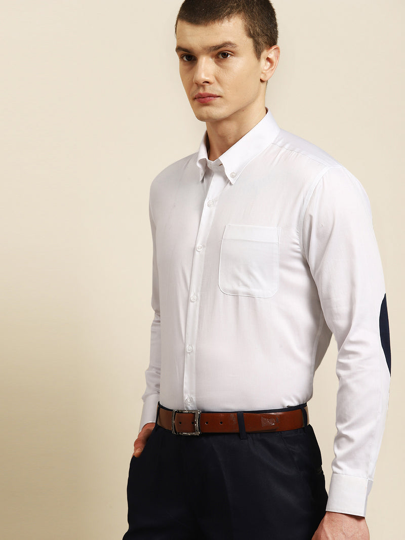 White: Full Sleeves Elbow Patch Formal Shirt