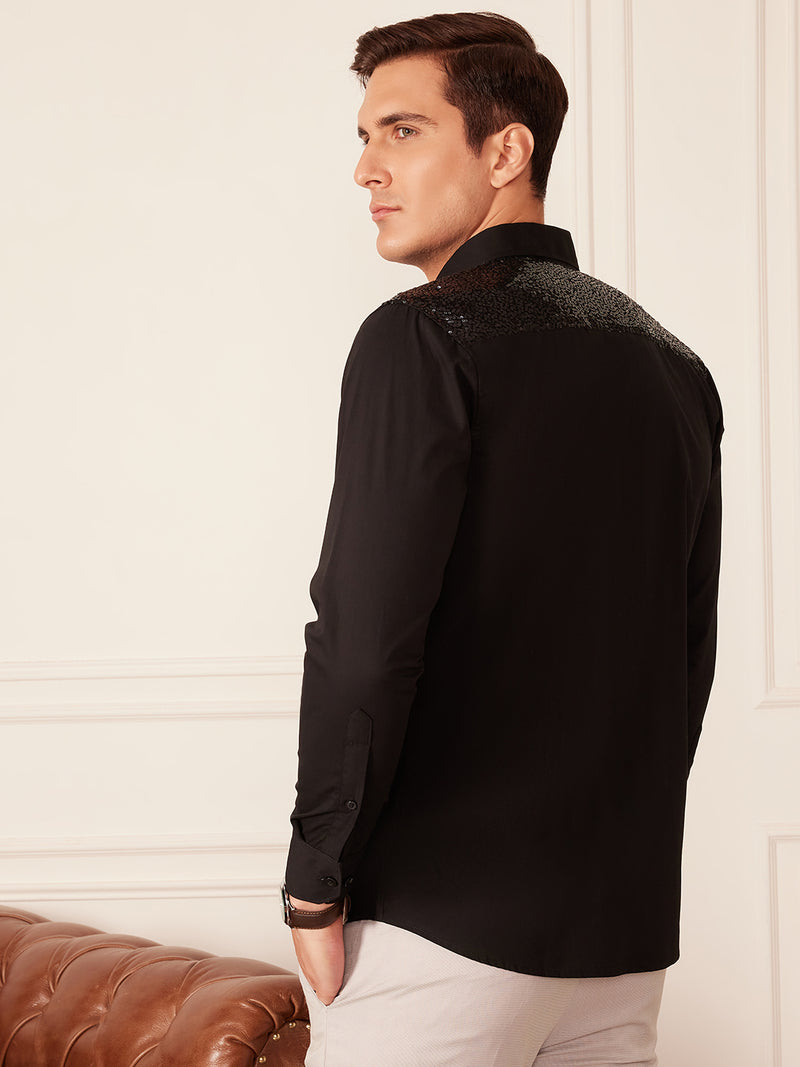 Black: Full Sleeves Seqinned Shoulder Party Shirt