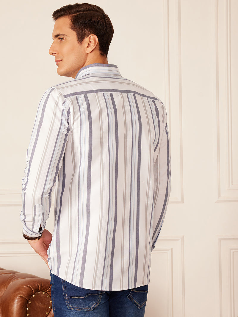 White & Blue: Full Sleeve Button-Down Collar Striped Shirt