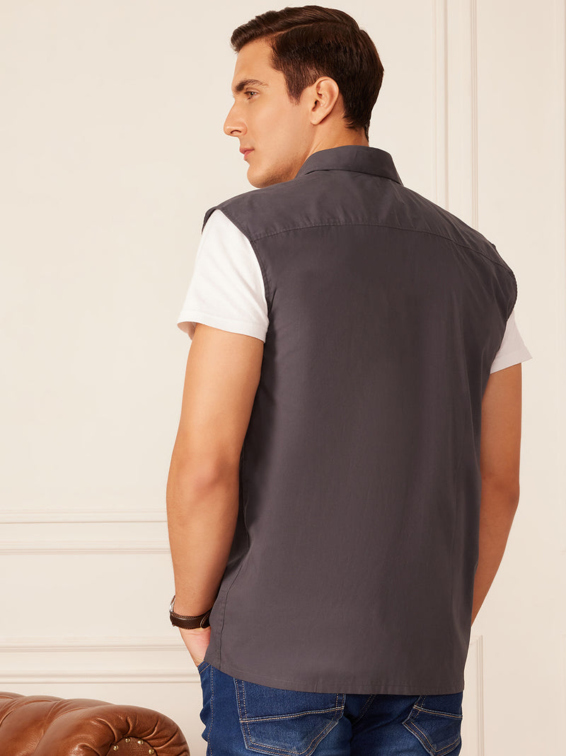 Grey: Sleeveless Cotton Casual Shirt