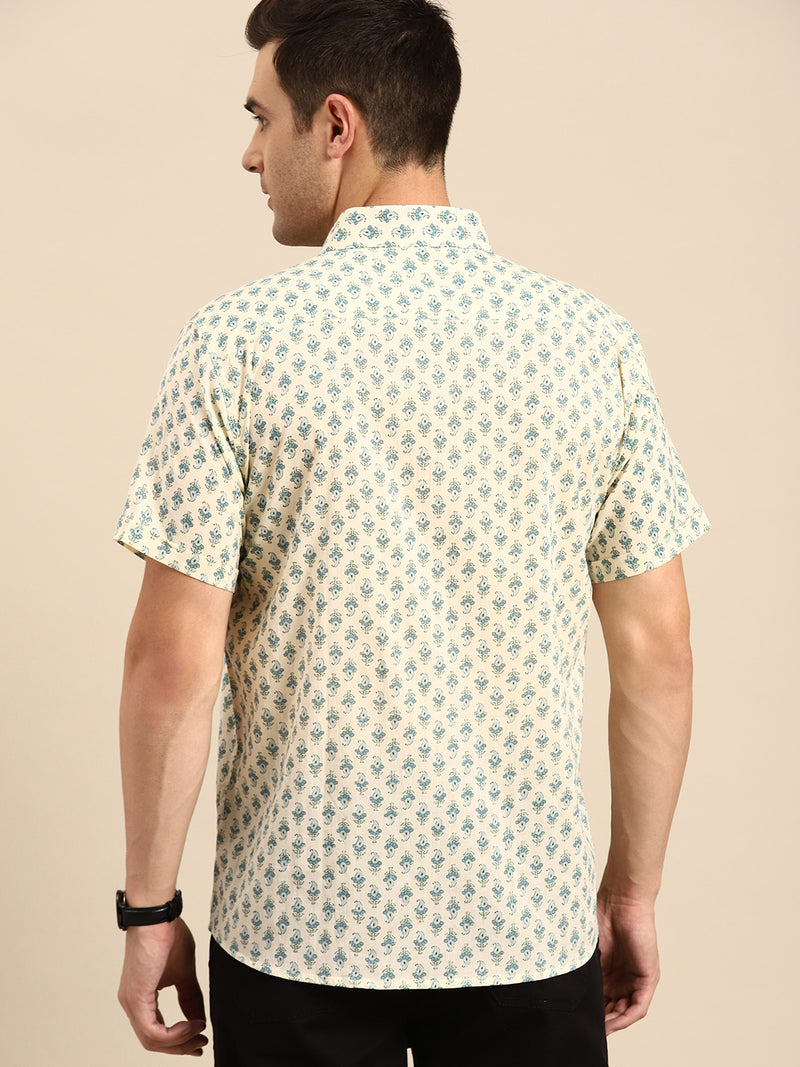 Beige: Half Sleeves Block Printed Shirt