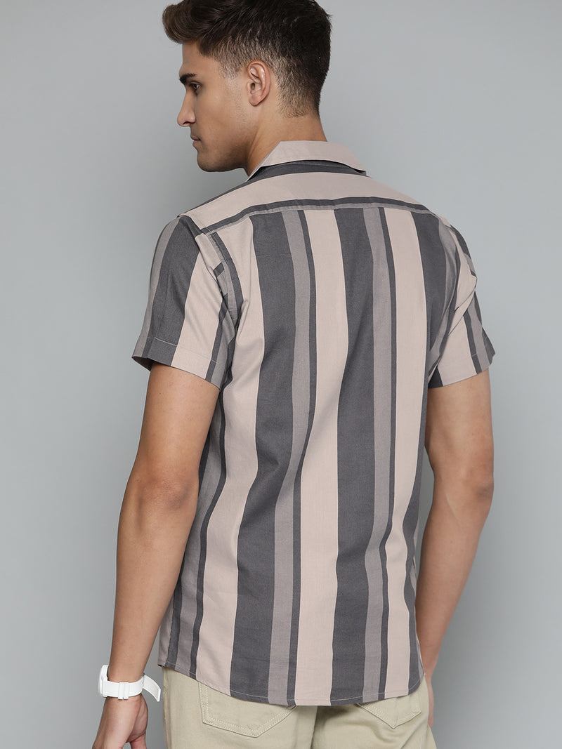 Beige: Full Sleeve Button-Down Collar Striped Shirt