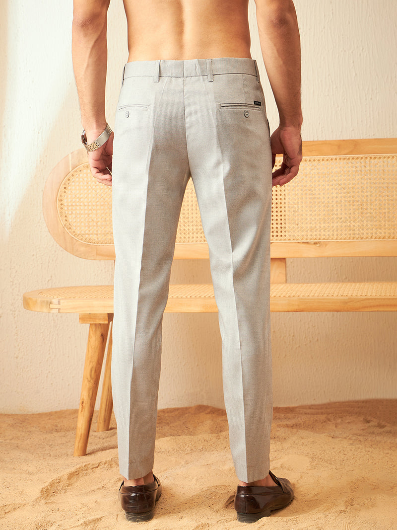 DENNISON Men Grey Textured Smart Tapered Fit Easy Wash Trousers