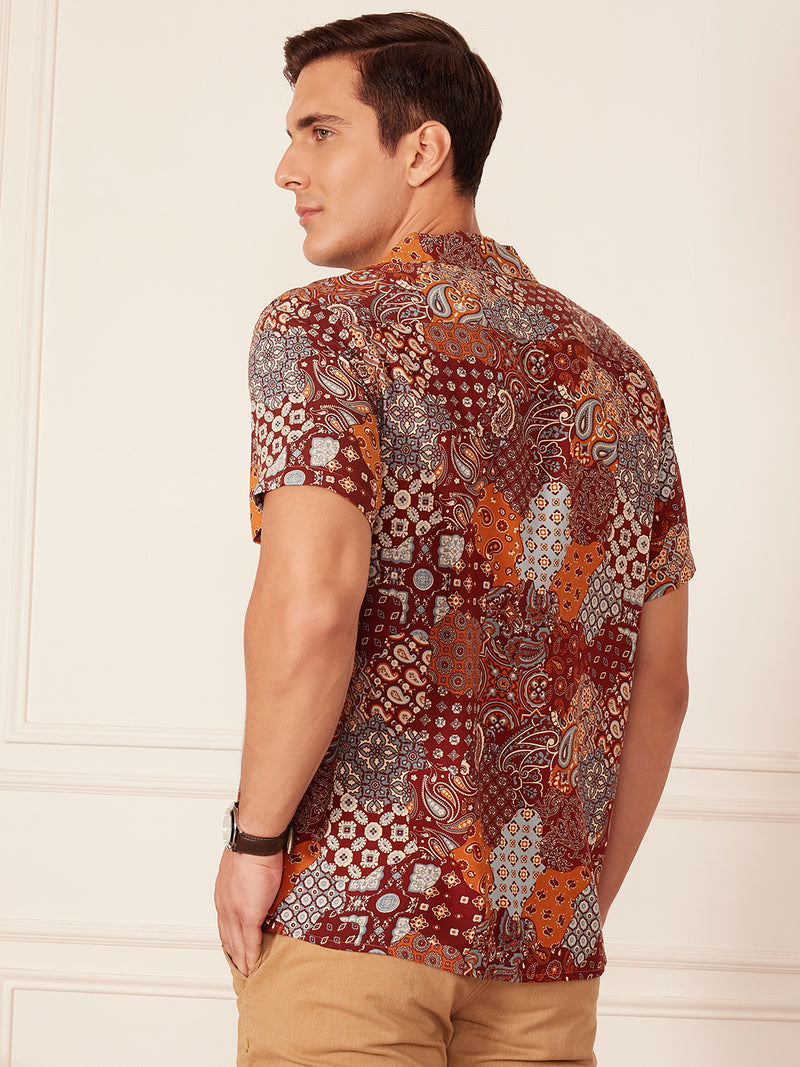 Maroon: Half Sleeves Block Printed Shirt