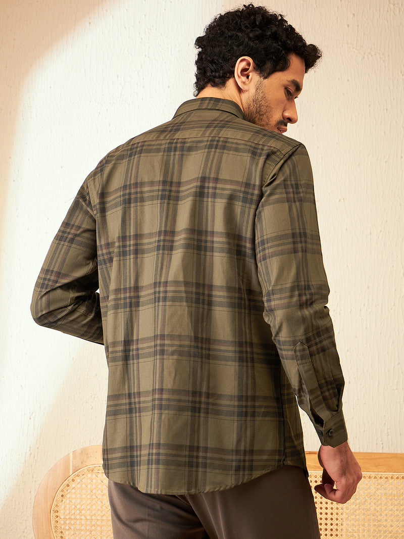 DENNISON Olive Smart Tartan Checks Checked Casual Shirt