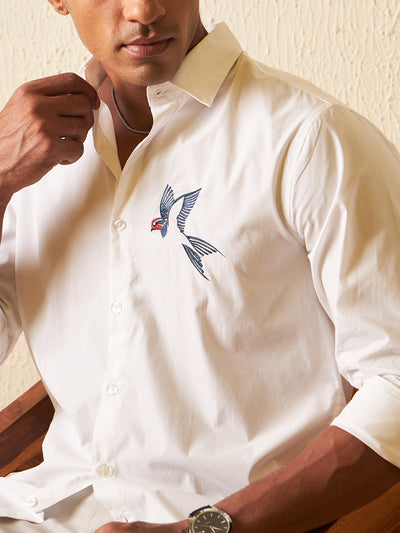 White: Full Sleeves Slim Fit Embroidery Shirt