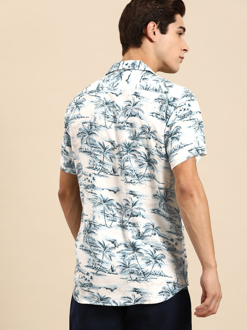 White: Half Sleeves Cuban Collar Casual Floral Printed Shirt