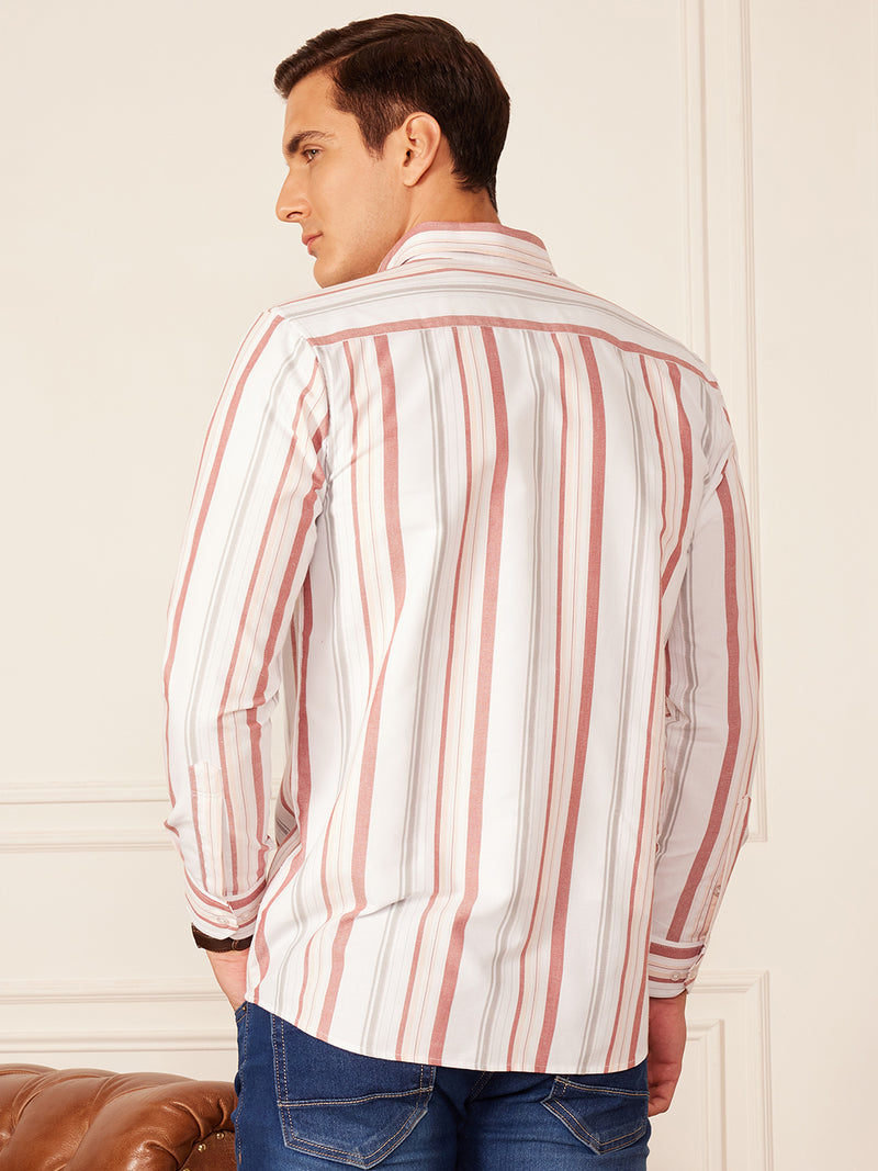 White: Full Sleeve Button-Down Collar Striped Shirt