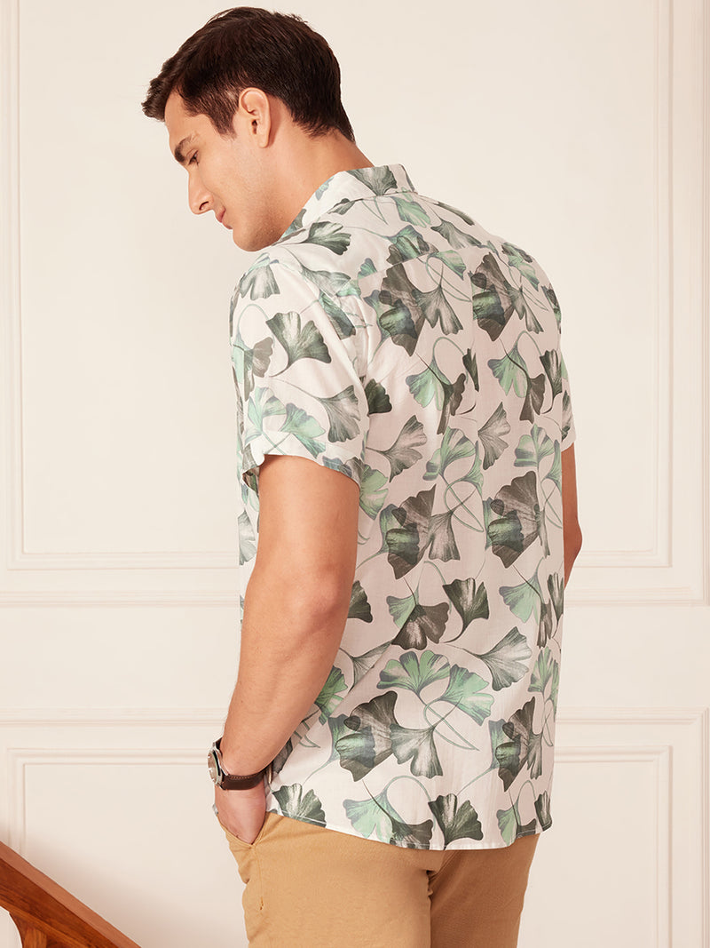 White & Green: Half Sleeves Block Printed Shirt