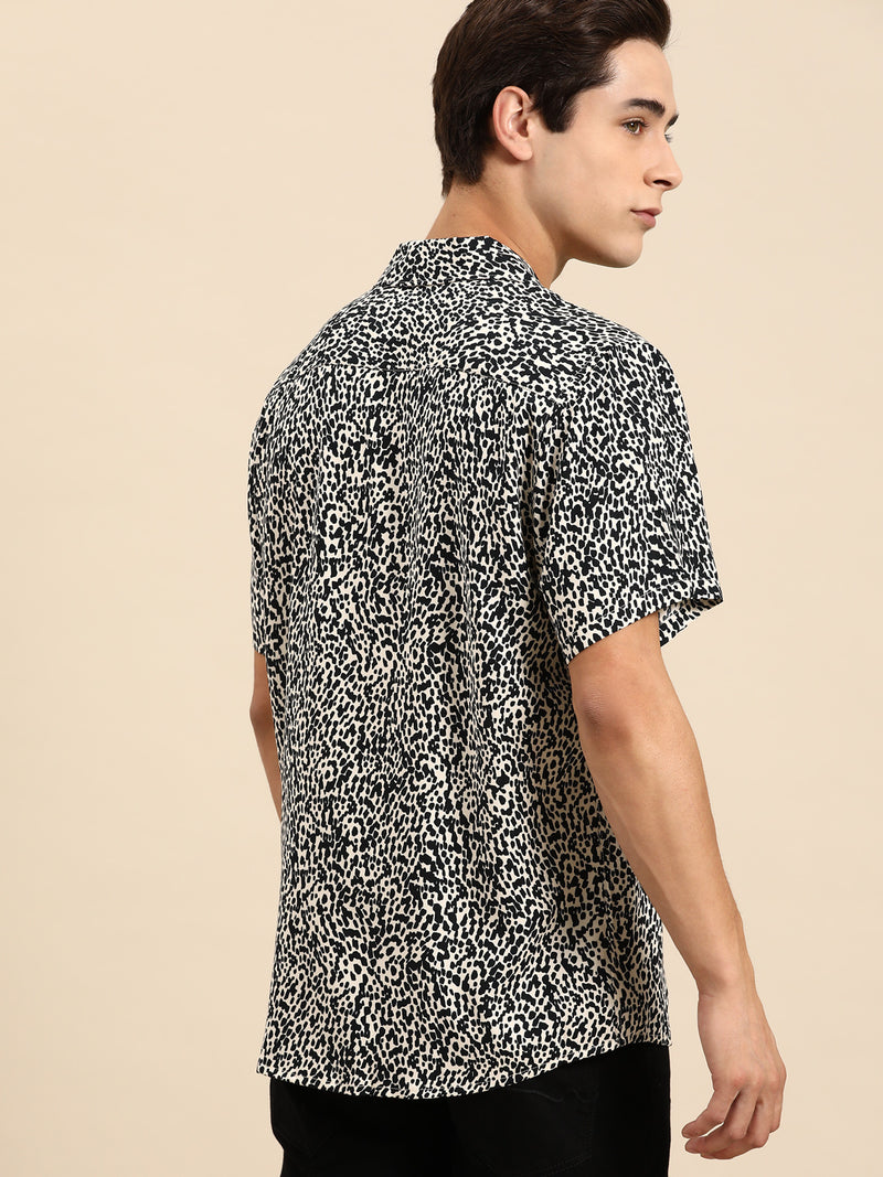 Cream & Black: Half Sleeves Cuban Collar Abstract Printed Shirt