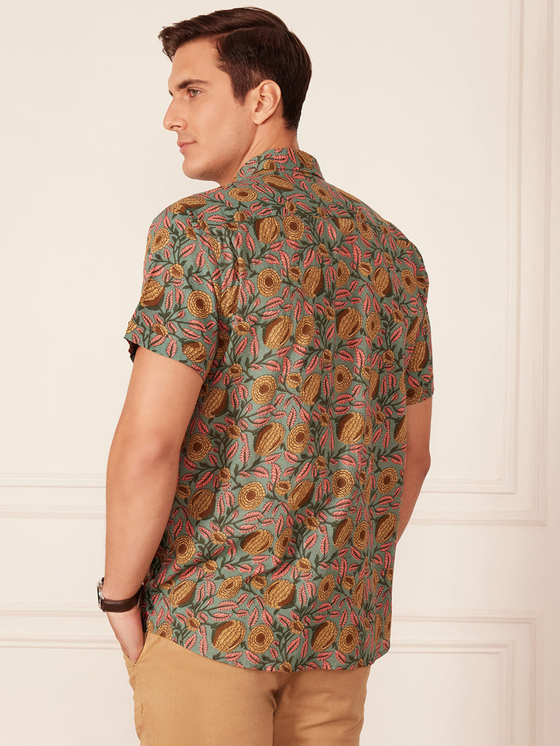 Steel Blue: Half SleevesBlock Printed Shirt