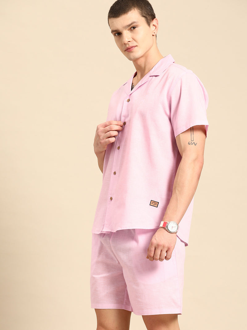 Dennison Solid Cuban Collar Comfort Fit Shirt With Shorts Co-ords