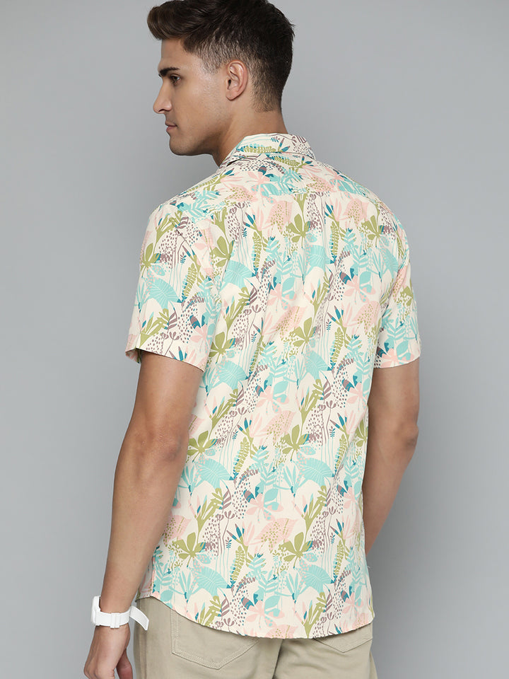 DENNISON Men Cream-Coloured Smart Slim Fit Floral Printed Casual Shirt