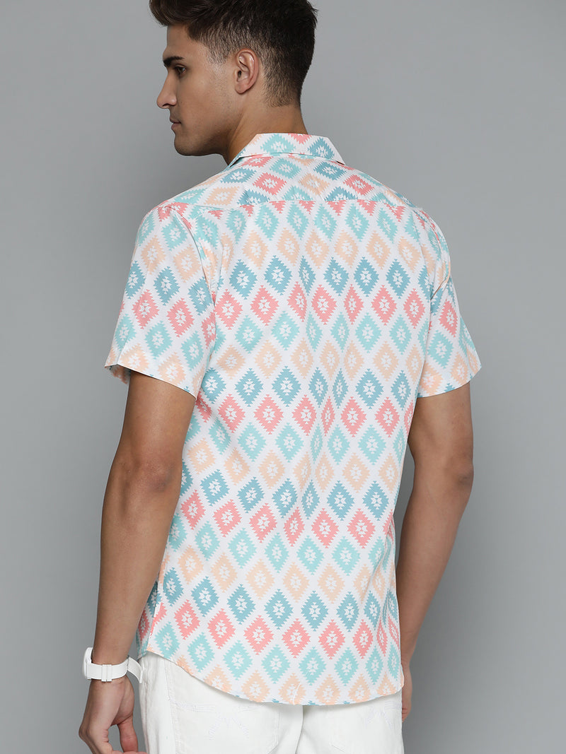 DENNISON Men White Block Printed Shirt