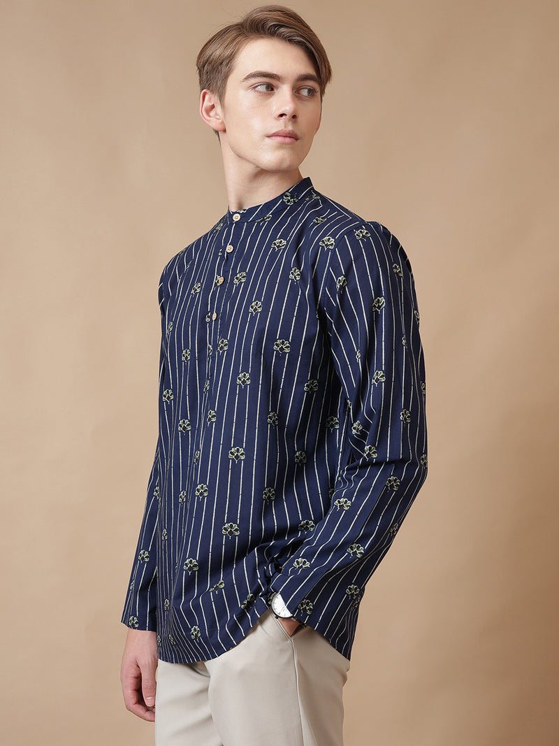 Mandarin Flower Striped Short Kurta