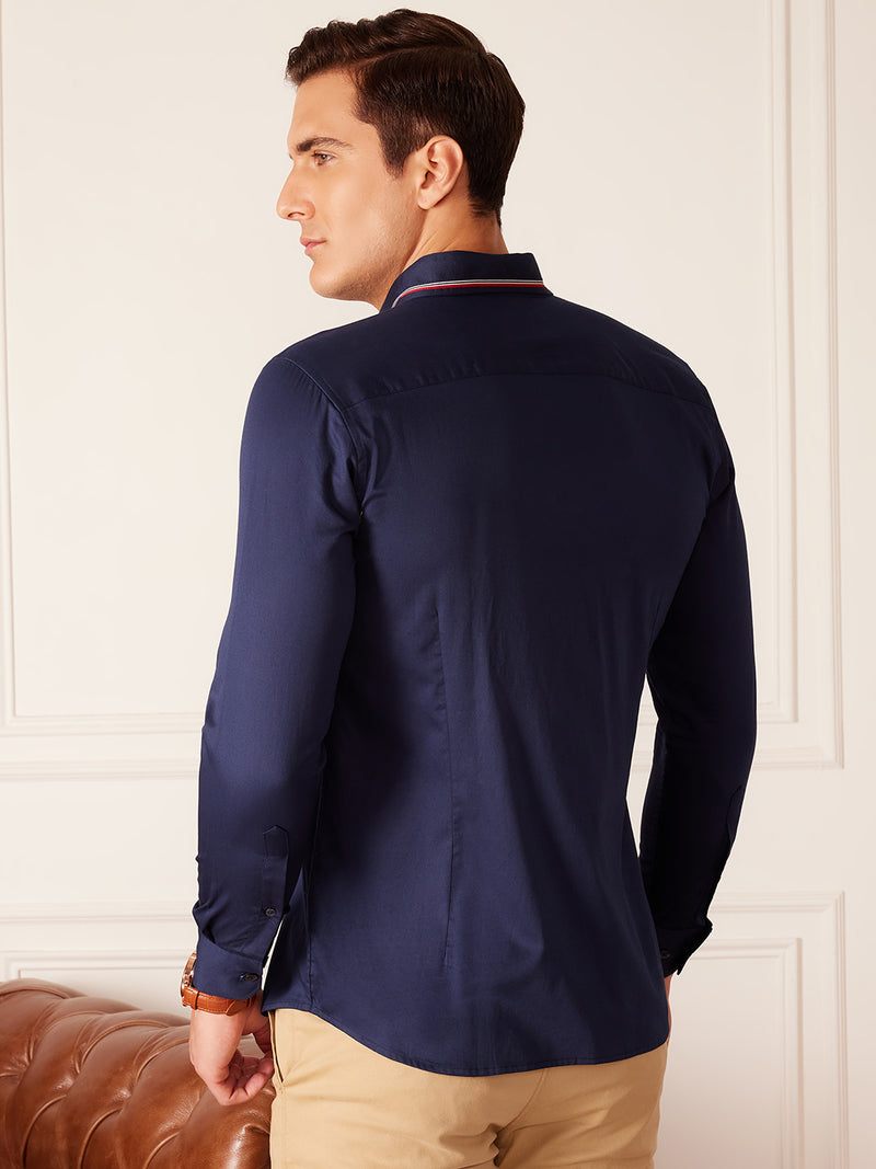 Navy Blue: Full Sleeves Tape On Collar Formal Shirt