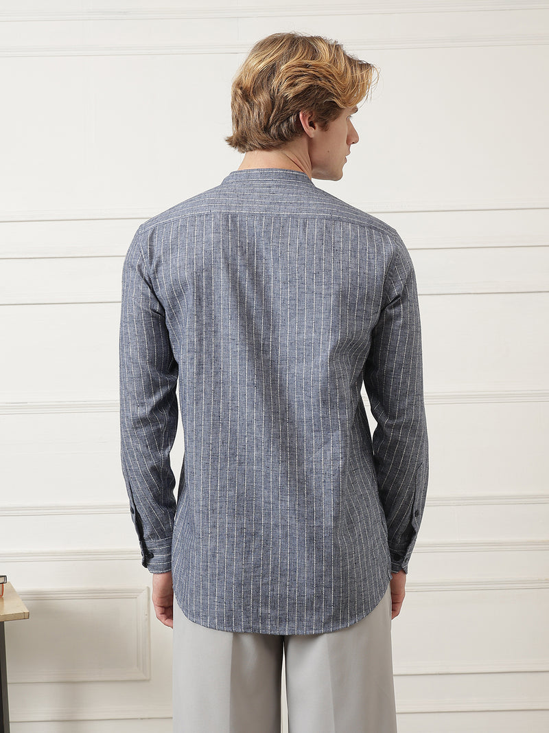 Vertical Striped Mandarin Collar Shirt