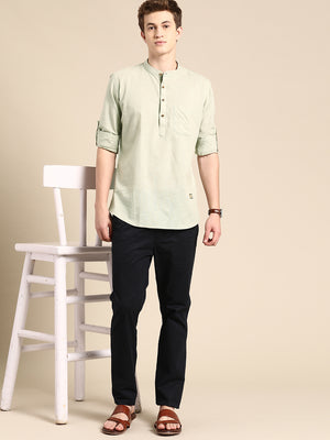 Dennison men's olive mandarin collar roll-up sleeves kurta front view