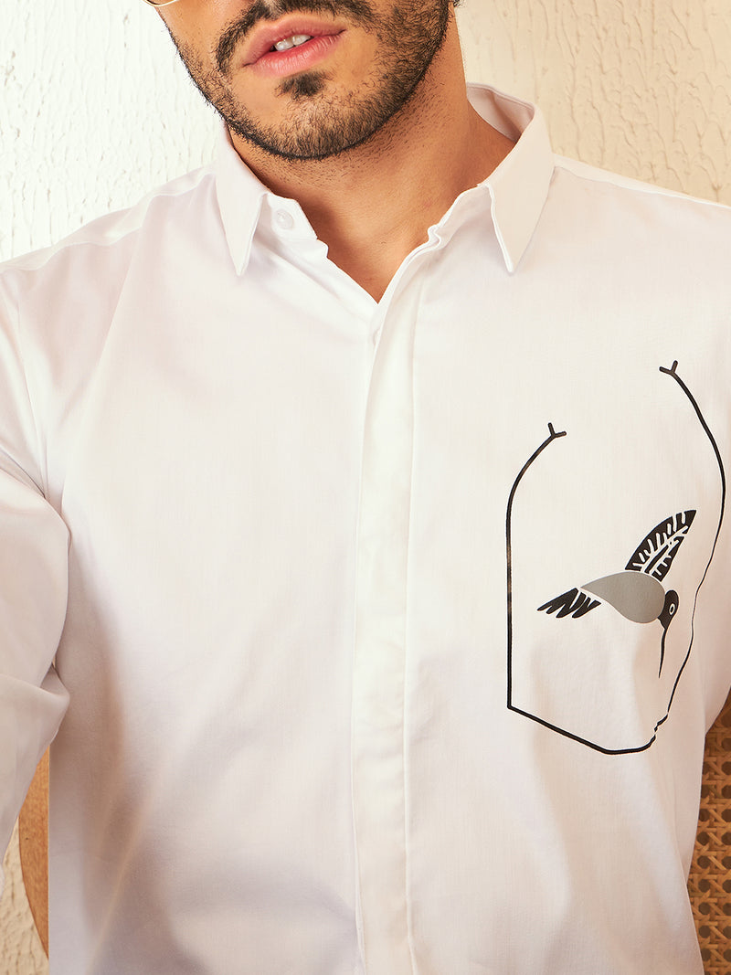 White: Full Sleeves Printed Opaque Party Shirt