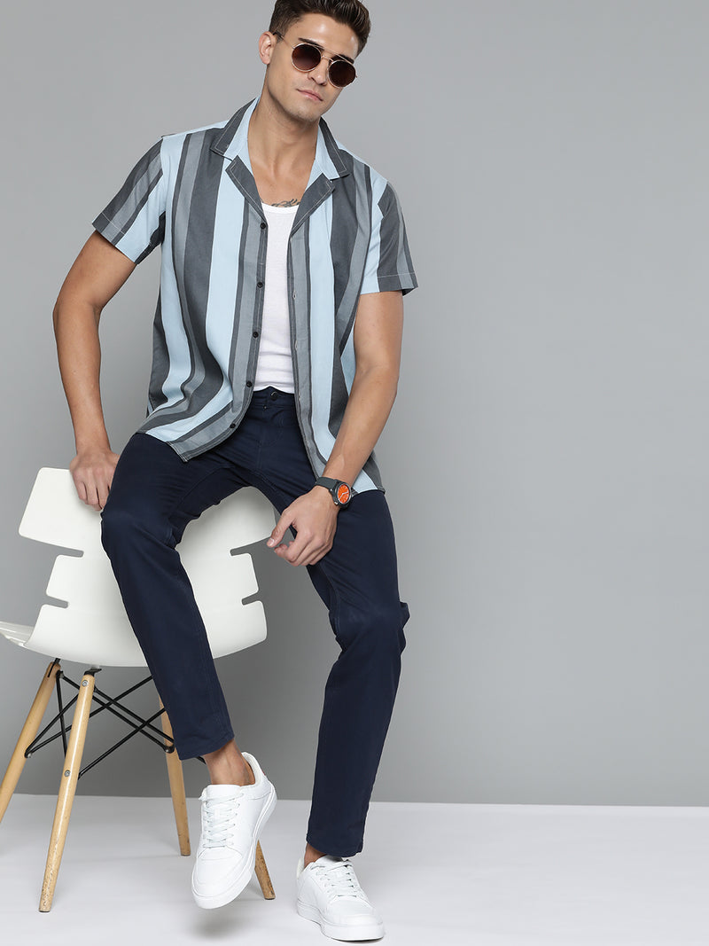 Blue: Full Sleeve Button-Down Collar Striped Shirt