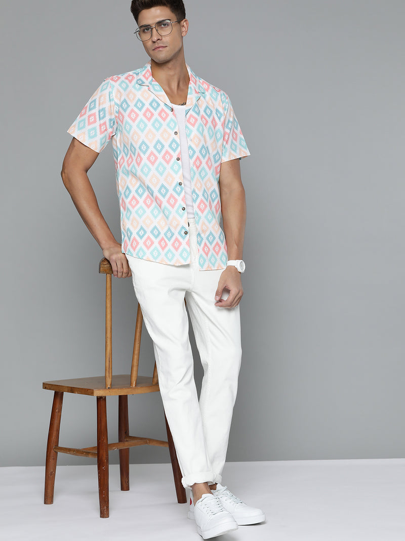 DENNISON Men White Block Printed Shirt