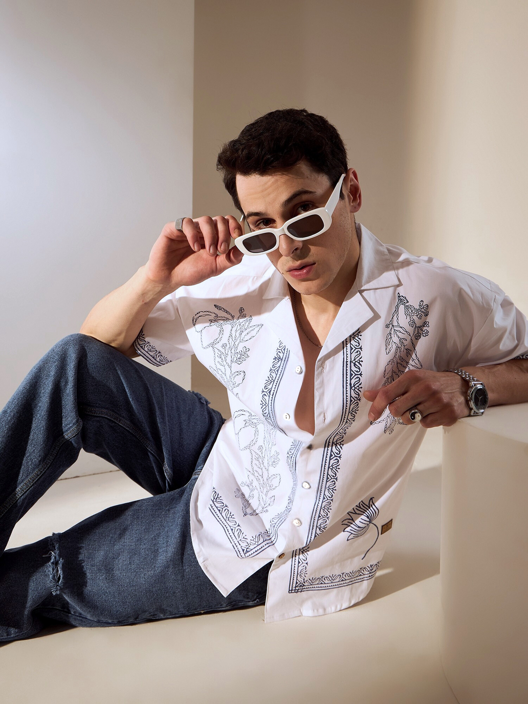 Off White: Ethnic Hand Block Printed Oversized Shirt