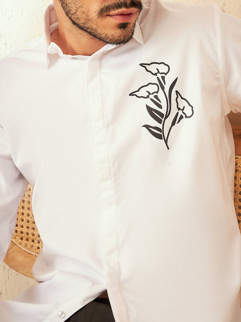 White: Full Sleeves Floral Printed Casual Shirt