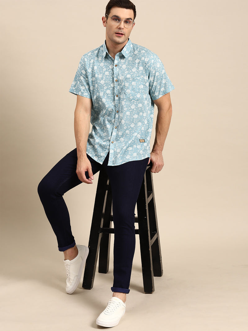 Turquoise Blue: Half Sleeves Block Printed Shirt