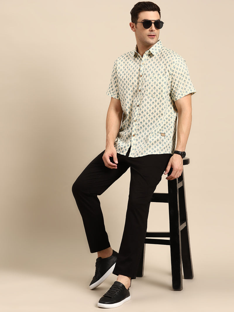 Beige: Half Sleeves Block Printed Shirt