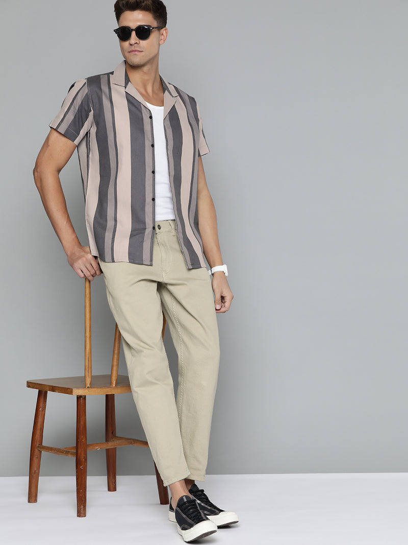 Beige: Full Sleeve Button-Down Collar Striped Shirt