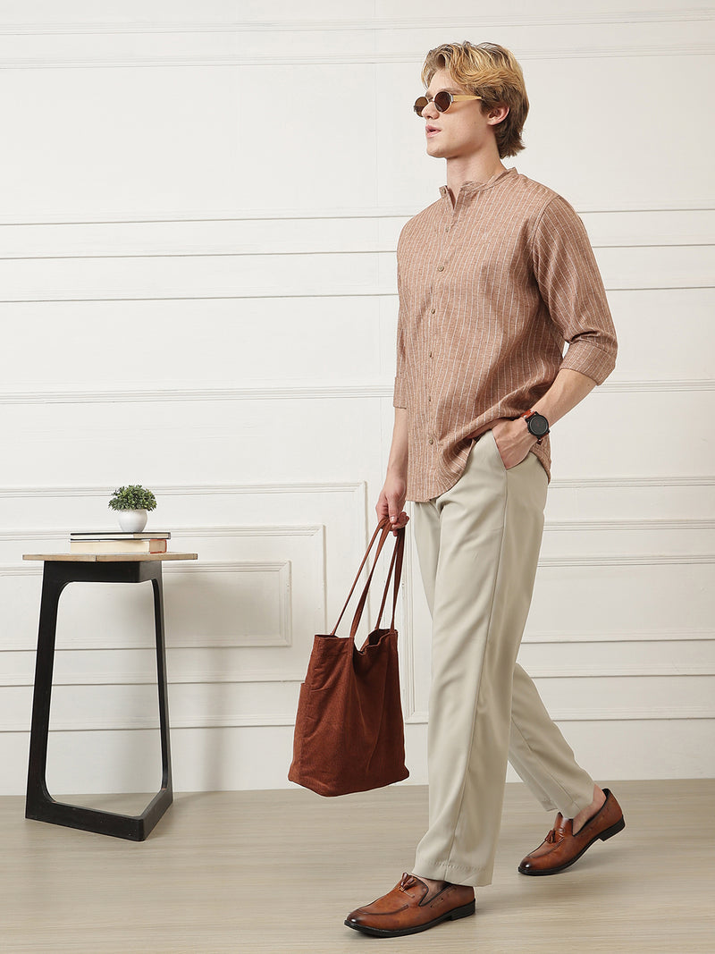 Vertical Striped Mandarin Collar Shirt