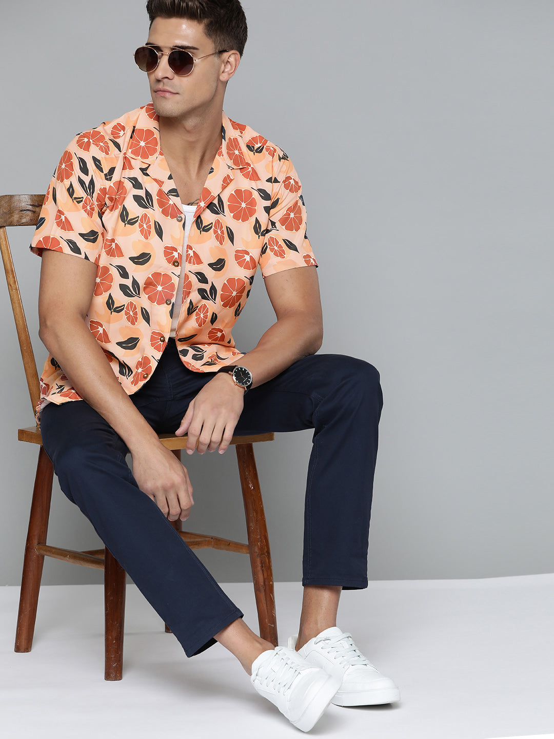 DENNISON Men Peach-Coloured Smart Slim Fit Floral Printed Casual Shirt