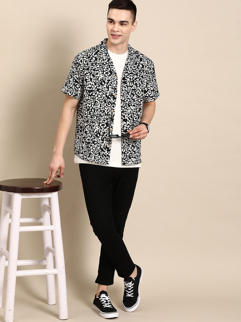 DENNISON Men Black Smart Abstract Printed Cuban Collar Casual Shirt