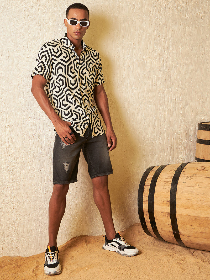 DENNISON Men Cream-coloured Block Printed Shirt