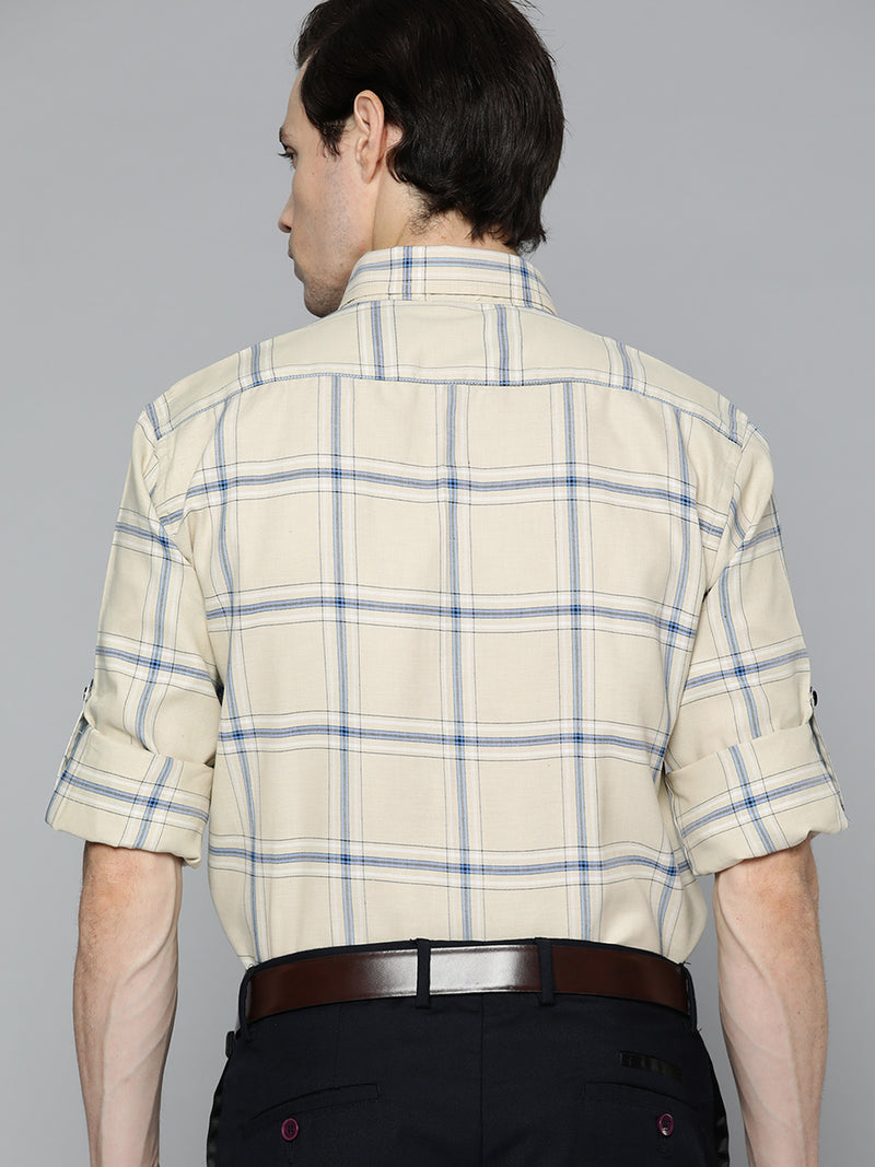 DENNISON Men Cream-Coloured Cotton Smart Slim Fit Checked Formal Shirt