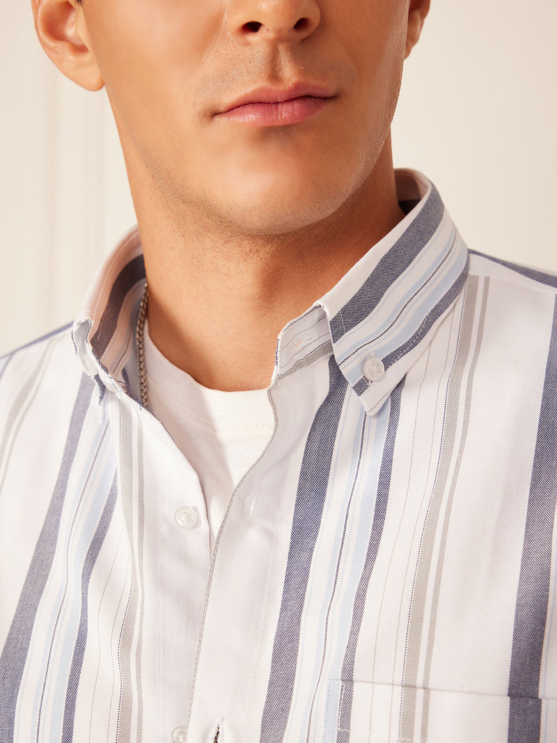 White & Blue: Full Sleeve Button-Down Collar Striped Shirt