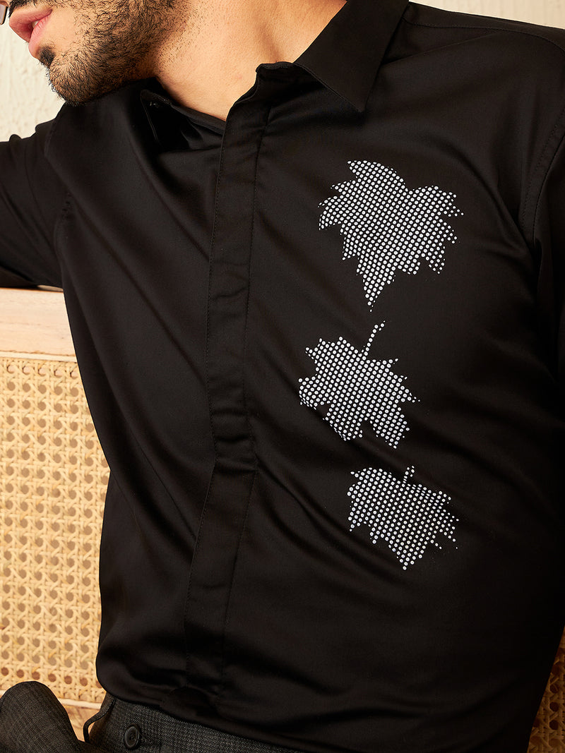 Black: Full Sleeves Floral Party Shirt
