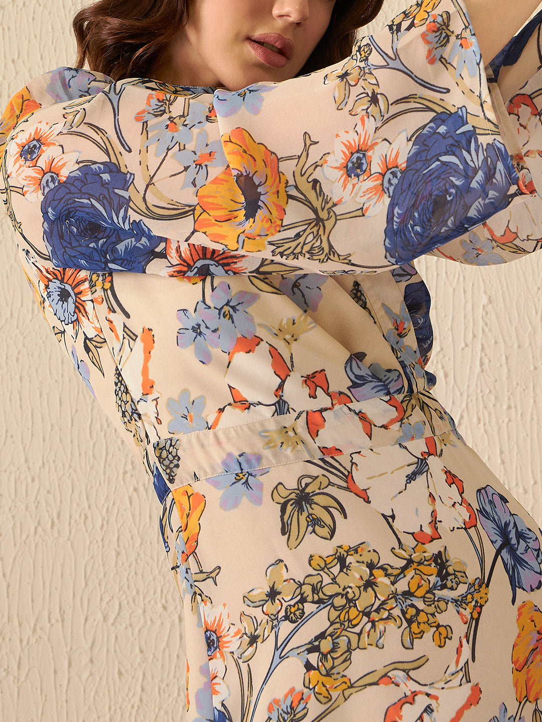 DENNISON Floral Print Choker Neck Georgette Wrap Dress