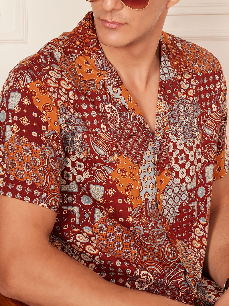 Maroon: Half Sleeves Block Printed Shirt