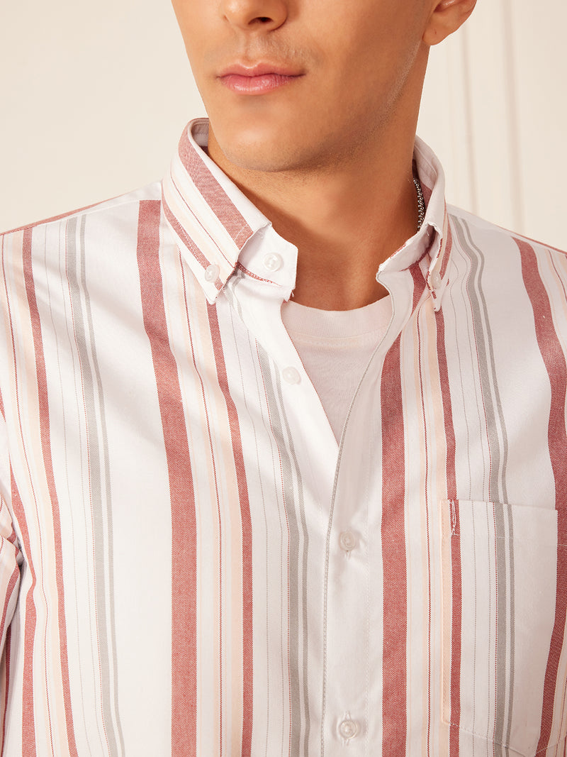 White: Full Sleeve Button-Down Collar Striped Shirt