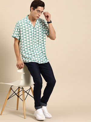 White & Green: Half Sleevew Block Printed Shirt