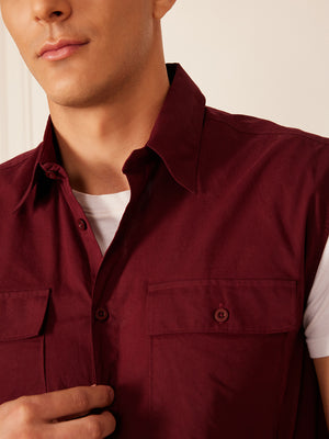 Maroon: Sleeveless Cotton Casual Shirt