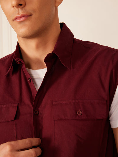 Maroon: Sleeveless Cotton Casual Shirt